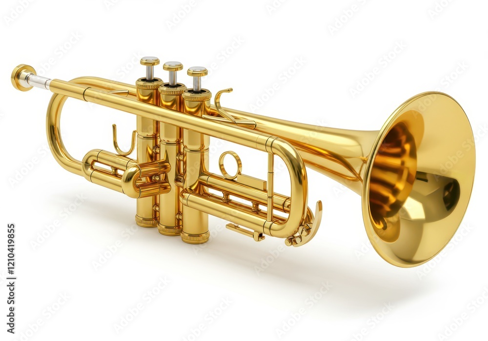 Obraz premium A shiny golden trumpet with intricate valves and a classic bell shape, symbolizing music and art isolated on white background