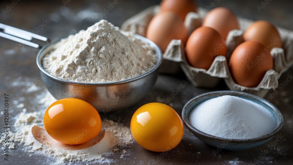 Essential baking ingredients flour eggs and sugar Essential baking ingredients flour eggs and sugar