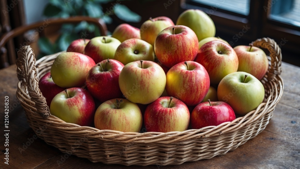 Fresh apples arranged beautifully in wicker tray Fresh apples arranged beautifully in wicker tray