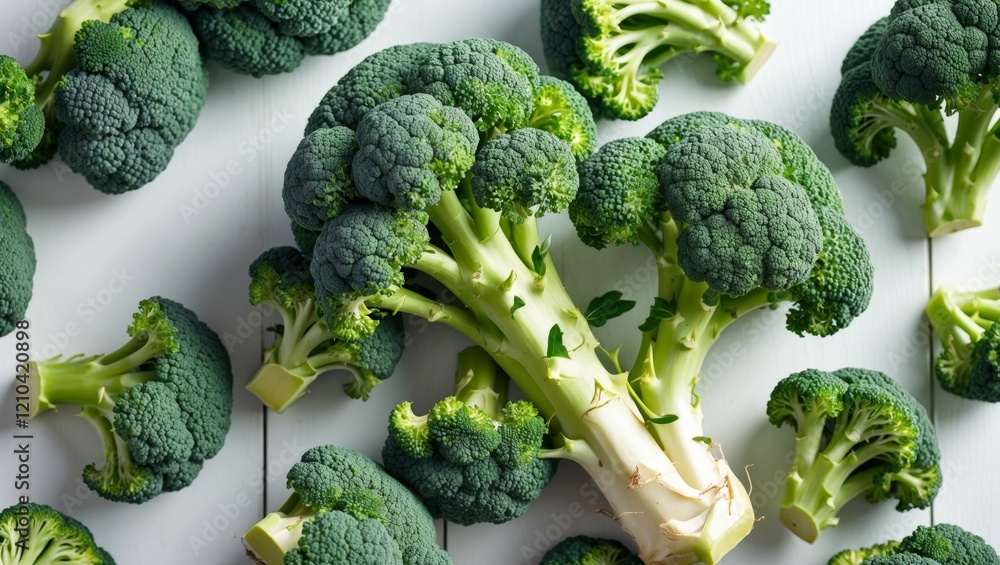 Fresh broccoli displayed on white table surface Fresh broccoli displayed on white table surface