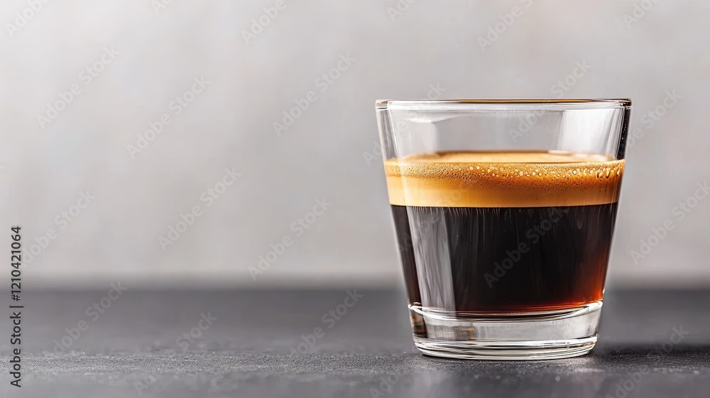 Espresso shot in glass, dark background, cafe setting, morning drink Espresso shot in glass, dark background, cafe setting, morning drink
