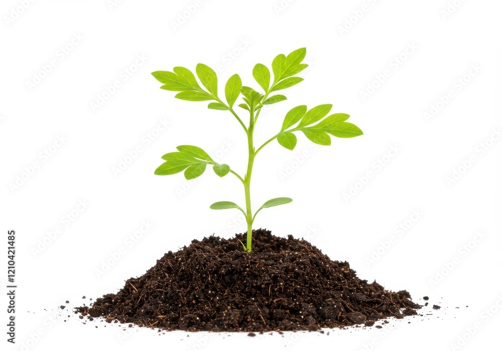 A small green plant sprouting from a mound of rich brown soil, isolated on a white background A small green plant sprouting from a mound of rich brown soil, isolated on a white background