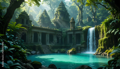 Fototapeta Naklejka Na Ścianę i Meble -  Ancient temple ruins overgrown by jungle foliage near a waterfall and pool.