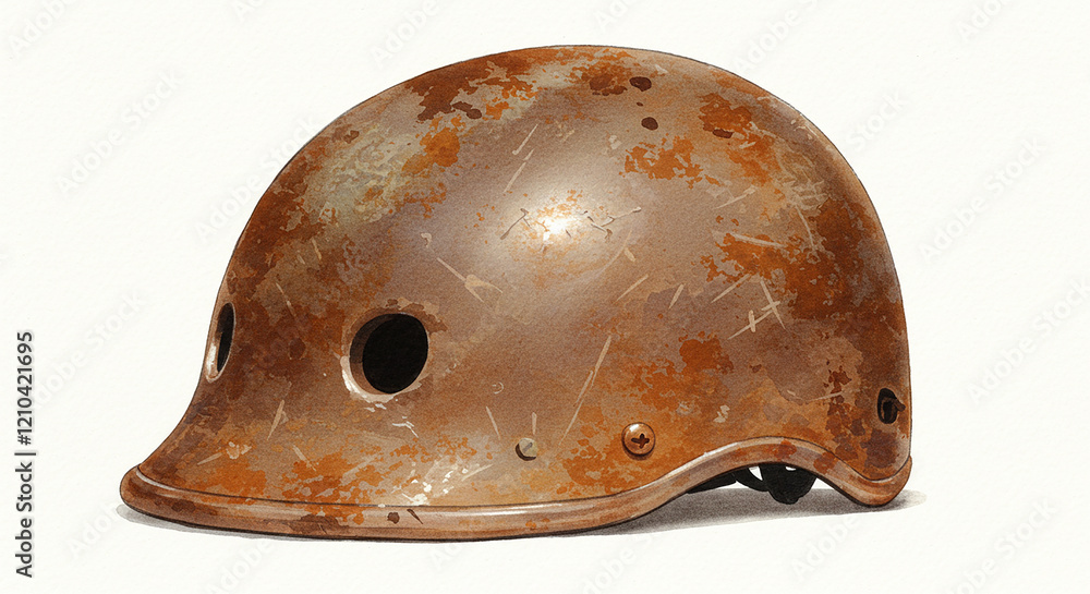 Fototapeta premium Rusty Vintage Helmet Weathered Metal Scratched Surface Military Headgear Antique Safety Gear