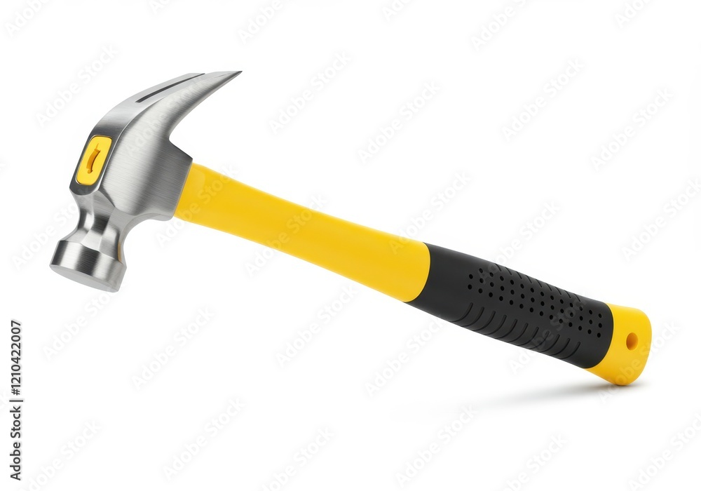 A durable hammer with a silver metal head and a yellow and black handle, isolated on a white background A durable hammer with a silver metal head and a yellow and black handle, isolated on a white background