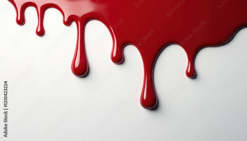 Bright red liquid blood drips and trickles down against white background. Cartoon-like viscous drops form playful pattern with smooth edges, evoking both whimsy and drama.
Bright red liquid blood drips and trickles down against white background. Cartoon-like viscous drops form playful pattern with smooth edges, evoking both whimsy and drama.
