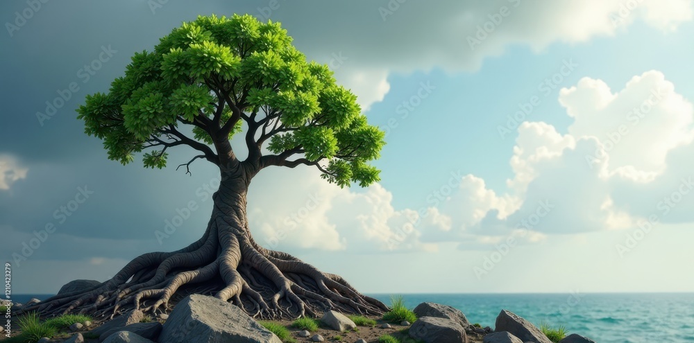 Stunted tree battling harsh winds, exposed roots gripping stone, foliage, endurance Stunted tree battling harsh winds, exposed roots gripping stone, foliage, endurance