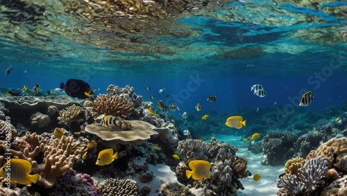 coral reef with swimming fish photo