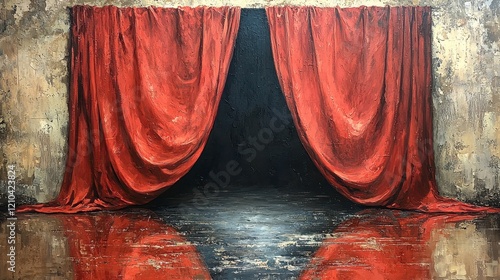 Red velvet curtains parted revealing dark stage floor with reflections.