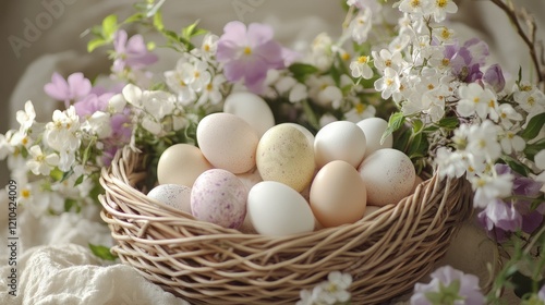 Easter basket filled with pastel eggs and blooming flowers, soft natural light, high detail, cheerful and inviting springtime atmosphere