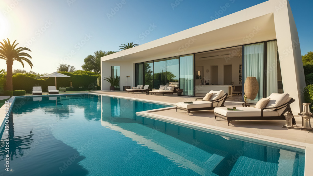 Modern house with garden swimming pool and wooden deck Modern house with garden swimming pool and wooden deck