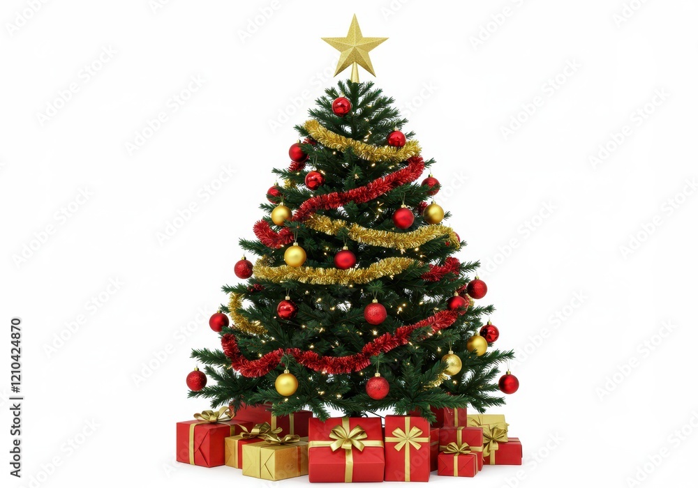 A decorated Christmas tree with red and gold ornaments and wrapped presents underneath, isolated on a white background A decorated Christmas tree with red and gold ornaments and wrapped presents underneath, isolated on a white background