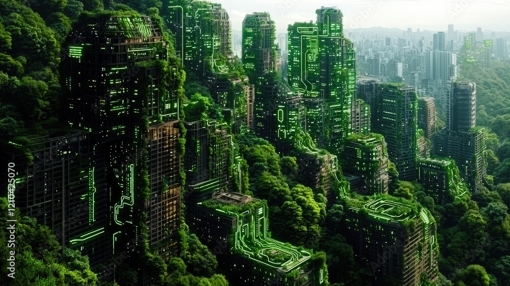 Obraz premium A futuristic cityscape where skyscrapers are overrun by lush greenery, blending nature with urban architecture in a vibrant ecosystem.