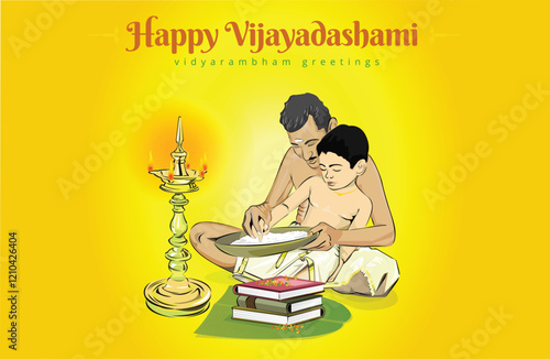 Vijayadashami grace of the Goddess of Learning first day school, back to school, teachers day, Young children Beginning of Learning in Hinduism, Vidyarambham, Illustrator vector Artwork