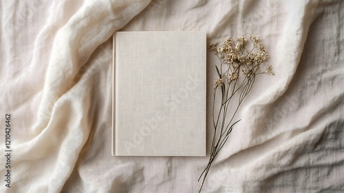 Plain beige notebook book photobook display mockup hardcover with elegant dried flowers on linen cloth background	

