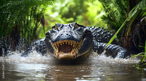 A Giant Prehistoric Deinosuchus Lurking in a Swamp, Ready to Ambush Its Prey in an Ancient Ecosystem photo