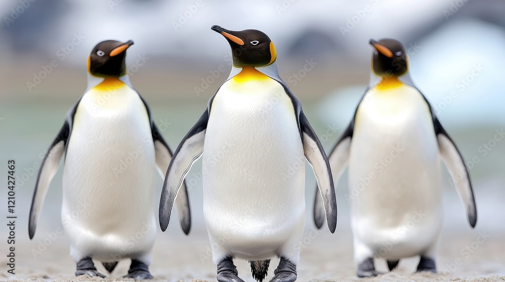 Fototapeta premium Three king penguins walking on Antarctic beach