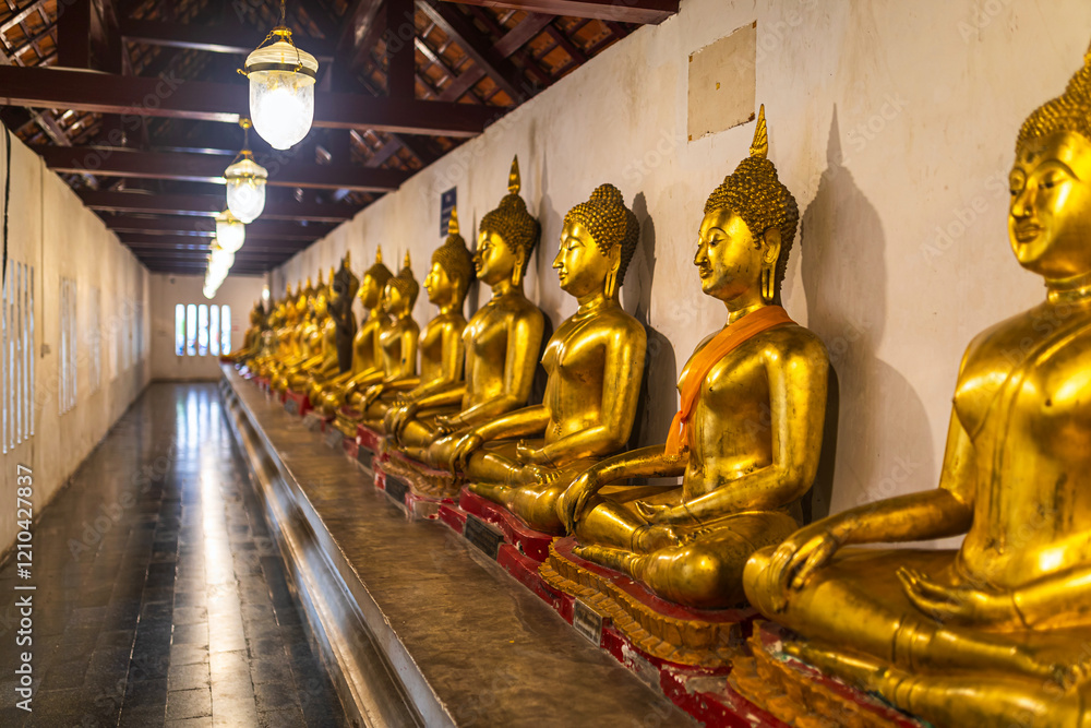 Old Beautiful Golden Buddha Many statues at Wat Phra Si Rattana Mahathat also colloquially referred to as Wat Yai is a Buddhist temple It is a major tourist is Public places in Phitsanulok,Thailand.