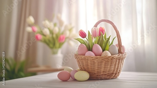 Easter basket with pastel eggs and blooming tulips on table, soft natural light, bright and cheerful, high detail, inviting and festive springtime decoration