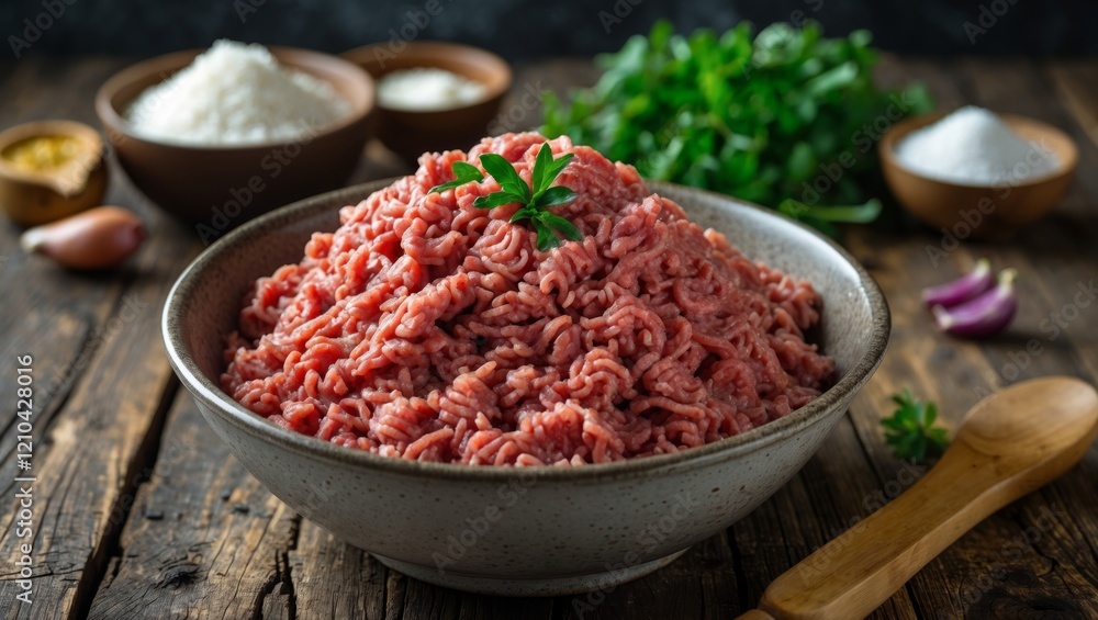 Minced meat in bowl surrounded by fresh ingredients Minced meat in bowl surrounded by fresh ingredients