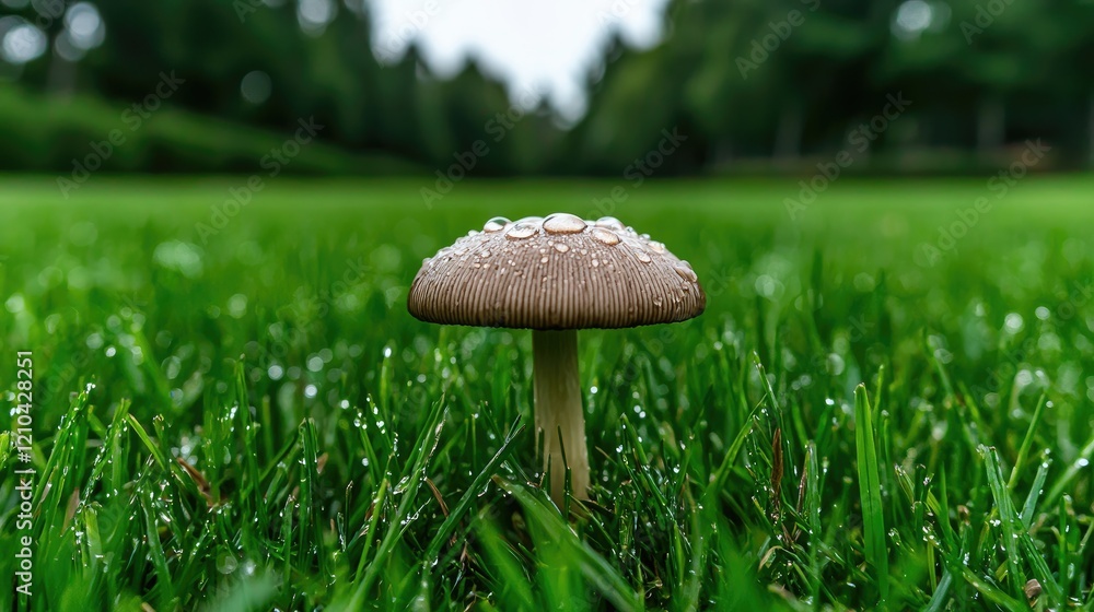 Dew-covered mushroom in lush green grass, park background; nature, botany Dew-covered mushroom in lush green grass, park background; nature, botany