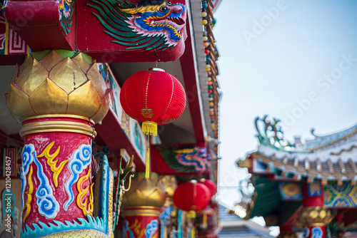 Obraz na płótnie red lantern decoration for Chinese New Year Festival at Chinese shrine Ancient chinese art with the Chinese alphabet Blessings written on it Is a Fortune blessing compliment,Is a public place Thailand w salonie