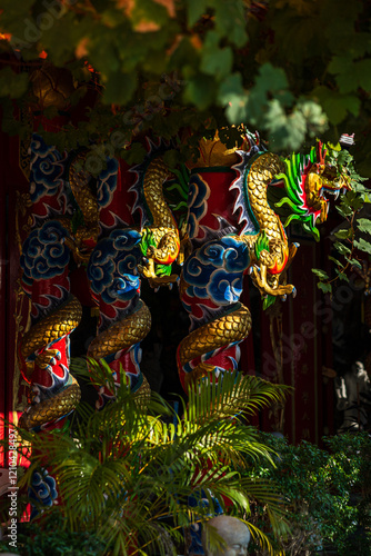 red lantern decoration for Chinese New Year Festival at Chinese shrine Ancient chinese art with the Chinese alphabet Blessings written on it Is a Fortune blessing compliment,Is a public place Thailand