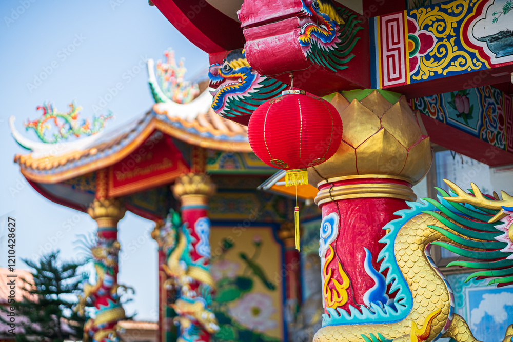 red lantern decoration for Chinese New Year Festival at Chinese shrine Ancient chinese art with the Chinese alphabet Blessings written on it Is a Fortune blessing compliment,Is a public place Thailand