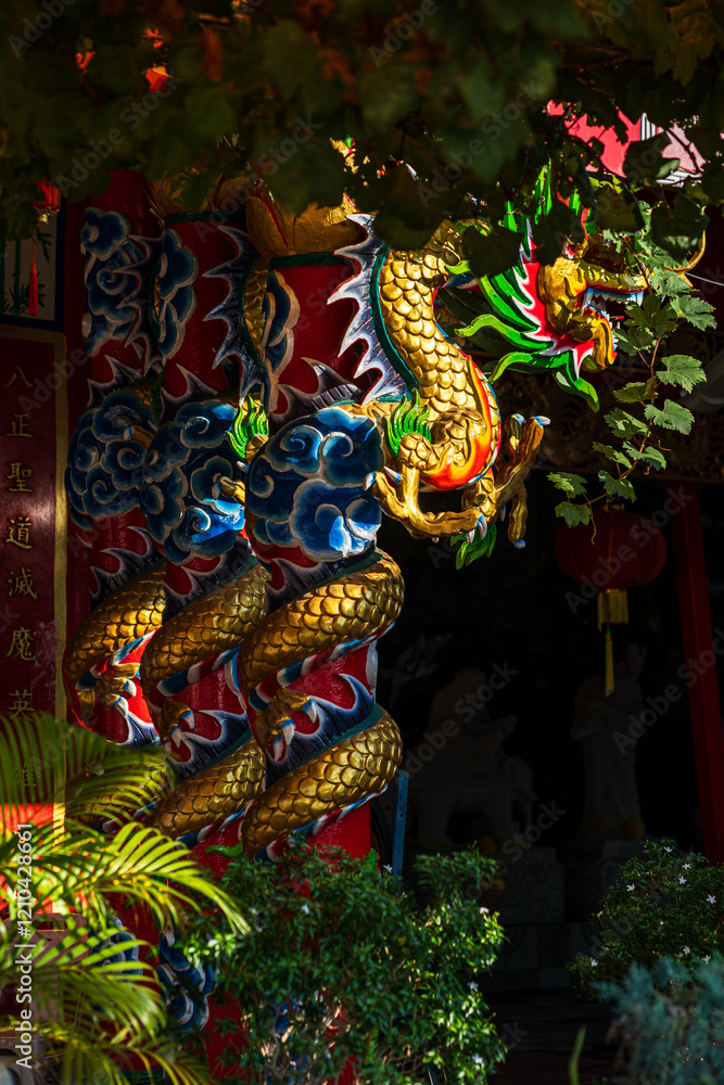 red lantern decoration for Chinese New Year Festival at Chinese shrine Ancient chinese art with the Chinese alphabet Blessings written on it Is a Fortune blessing compliment,Is a public place Thailand