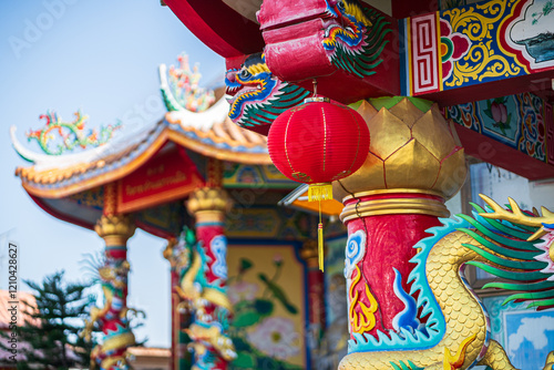Obraz na płótnie red lantern decoration for Chinese New Year Festival at Chinese shrine Ancient chinese art with the Chinese alphabet Blessings written on it Is a Fortune blessing compliment,Is a public place Thailand w salonie