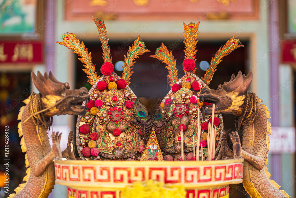 Red candles and burning incense sticks Paper gold with the Chinese alphabet Blessings written on it Is a Fortune blessing compliment for pay respect to god in Chinese New Year day at a Chinese shrine