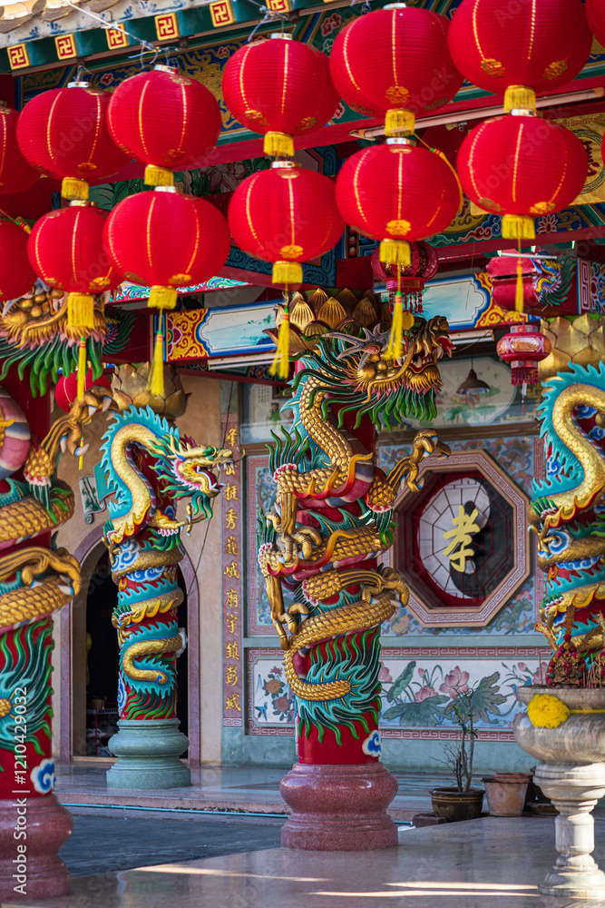 red lantern decoration for Chinese New Year Festival at Chinese shrine Ancient chinese art with the Chinese alphabet Blessings written on it Is a Fortune blessing compliment,Is a public place Thailand