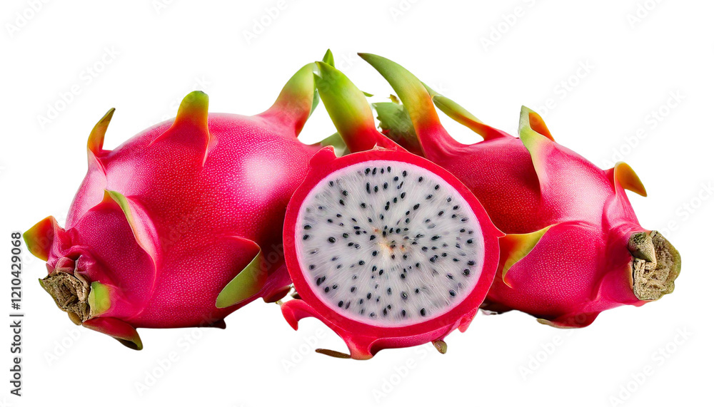 Dragon Fruit Slices and Whole Fruit on a White Background Dragon Fruit Slices and Whole Fruit on a White Background