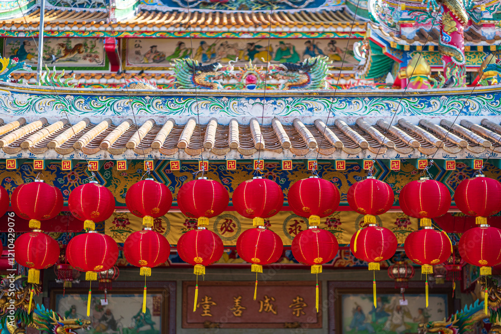 red lantern decoration for Chinese New Year Festival at Chinese shrine Ancient chinese art with the Chinese alphabet Blessings written on it Is a Fortune blessing compliment,Is a public place Thailand