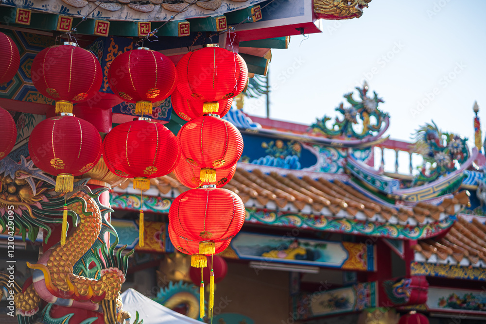 red lantern decoration for Chinese New Year Festival at Chinese shrine Ancient chinese art with the Chinese alphabet Blessings written on it Is a Fortune blessing compliment,Is a public place Thailand