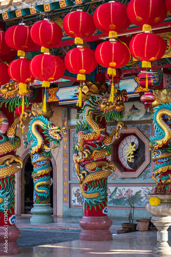 Obraz na płótnie red lantern decoration for Chinese New Year Festival at Chinese shrine Ancient chinese art with the Chinese alphabet Blessings written on it Is a Fortune blessing compliment,Is a public place Thailand w salonie