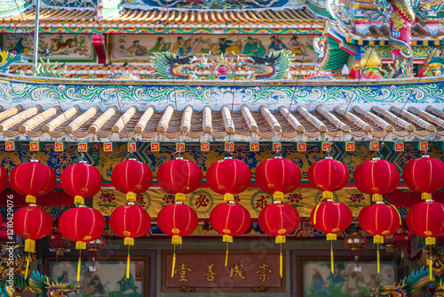 Obraz na płótnie red lantern decoration for Chinese New Year Festival at Chinese shrine Ancient chinese art with the Chinese alphabet Blessings written on it Is a Fortune blessing compliment,Is a public place Thailand w salonie