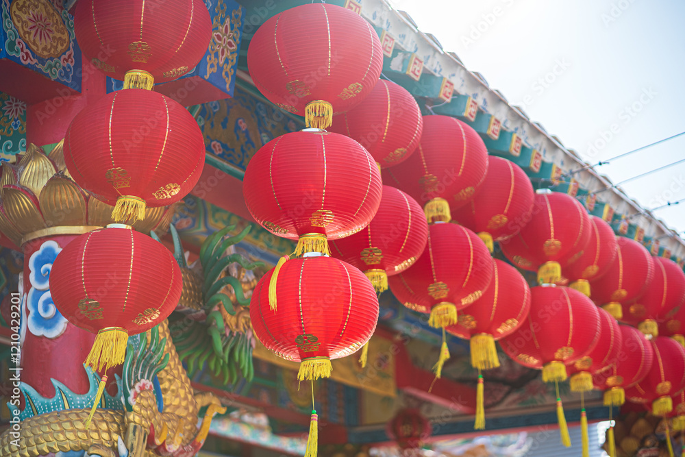 red lantern decoration for Chinese New Year Festival at Chinese shrine Ancient chinese art with the Chinese alphabet Blessings written on it Is a Fortune blessing compliment,Is a public place Thailand