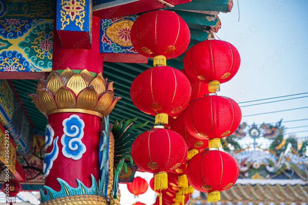 red lantern decoration for Chinese New Year Festival at Chinese shrine Ancient chinese art with the Chinese alphabet Blessings written on it Is a Fortune blessing compliment,Is a public place Thailand