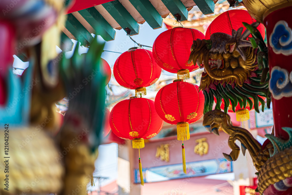 red lantern decoration for Chinese New Year Festival at Chinese shrine Ancient chinese art with the Chinese alphabet Blessings written on it Is a Fortune blessing compliment,Is a public place Thailand