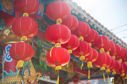 Obraz na płótnie red lantern decoration for Chinese New Year Festival at Chinese shrine Ancient chinese art with the Chinese alphabet Blessings written on it Is a Fortune blessing compliment,Is a public place Thailand w salonie
