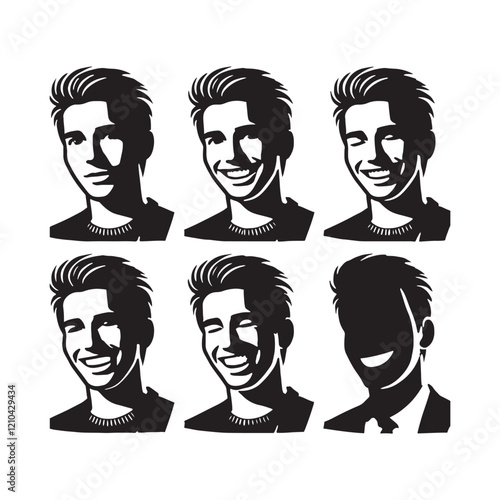 Compact set of smiling man silhouette digital art offering a practical design resource pack - man smiling vector set - man smile illustrations set
