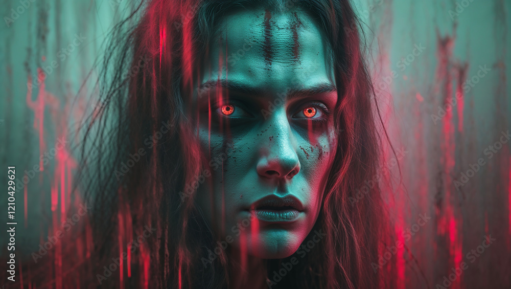 Scary woman with glowing eyes and bloody face posing for halloween Scary woman with glowing eyes and bloody face posing for halloween