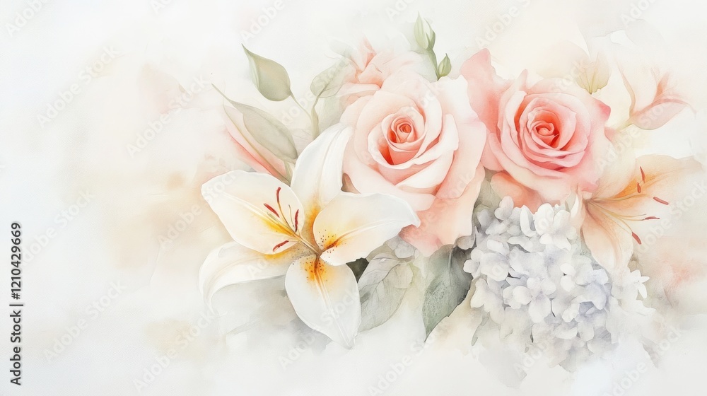 Pastel roses, lilies, and hydrangeas in watercolor style. Pastel roses, lilies, and hydrangeas in watercolor style.