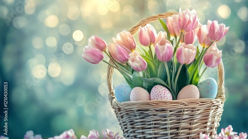 Easter basket with pastel tulips and eggs, soft natural light, high detail, cheerful and inviting, vibrant and peaceful springtime atmosphere