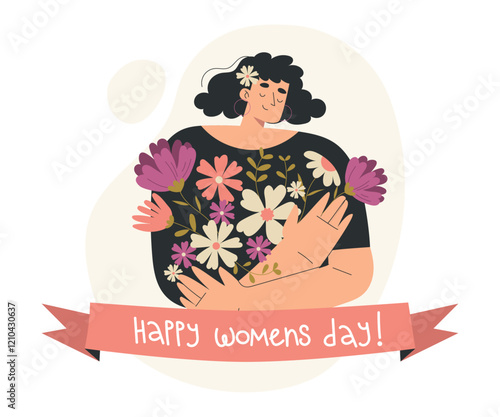 Strong Woman Character with Blooming Flower Have Power as Feminism Vector Illustration