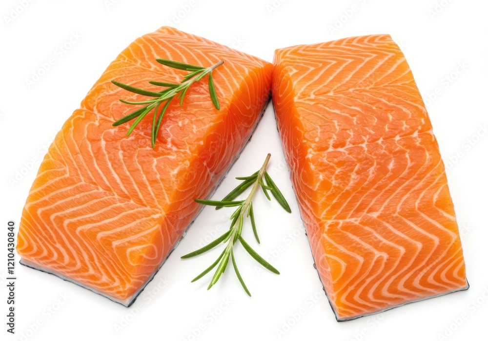 Raw salmon fillets with a bright orange hue garnished with a sprig of rosemary isolated on white background Raw salmon fillets with a bright orange hue garnished with a sprig of rosemary isolated on white background