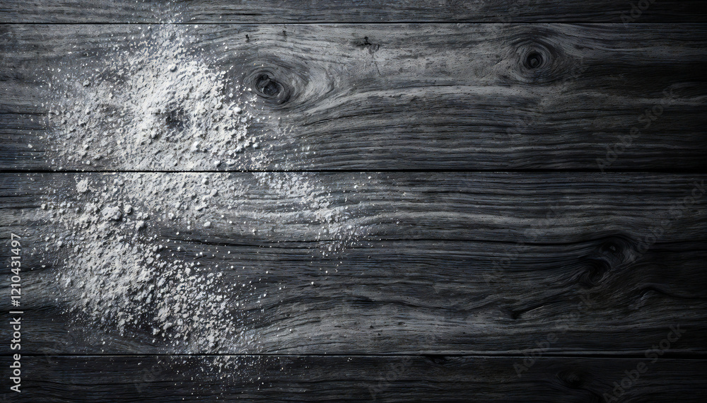 Obraz premium a top-down view of a pile of white flour sprinkled on a rustic wooden surface. The flour contrasts the dark wooden planks