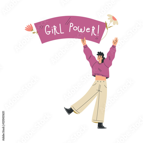 Strong Woman Character Hold Banner Have Power as Feminism Vector Illustration