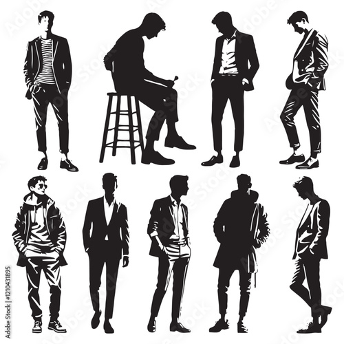 Highly detailed set of standing man silhouette digital art showcasing precision in artistic design - man standing vector set - man standing illustrations set
